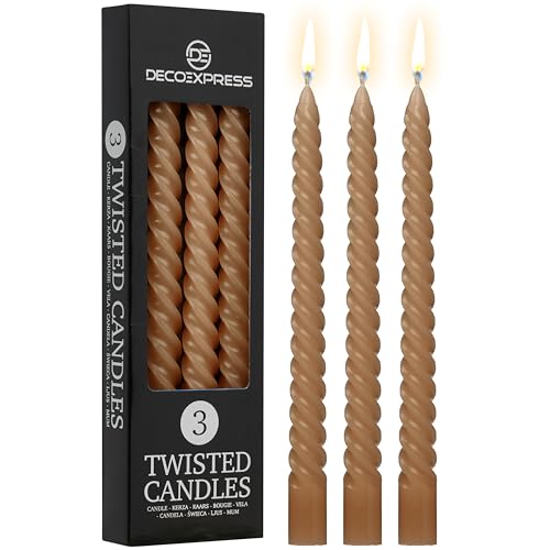DECO EXPRESS Stabkerzen Set 3er oder 6er, Gedrehte Spiralkerzen, Bunte Kerzen, Brenndauer 6 Stunden Unparfümiert (Braun – 3er-Pack) von DECO EXPRESS