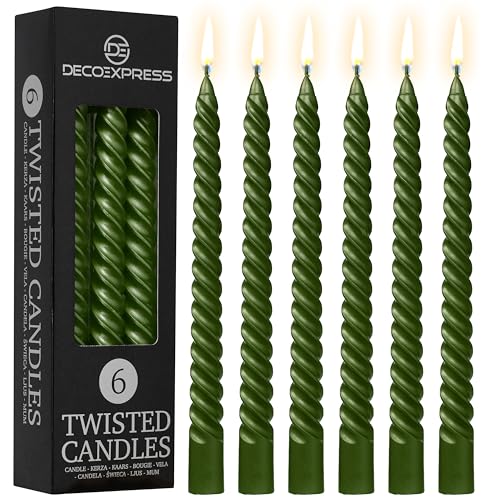 DECO EXPRESS Stabkerzen Set 3er oder 6er Tropffreie Stabkerzen Gedrehte Spiralkerzen Bunte Kerzen Brenndauer 6 Stunden Unparfümiert (Metallic-Olive – 6er-Pack) von DECO EXPRESS