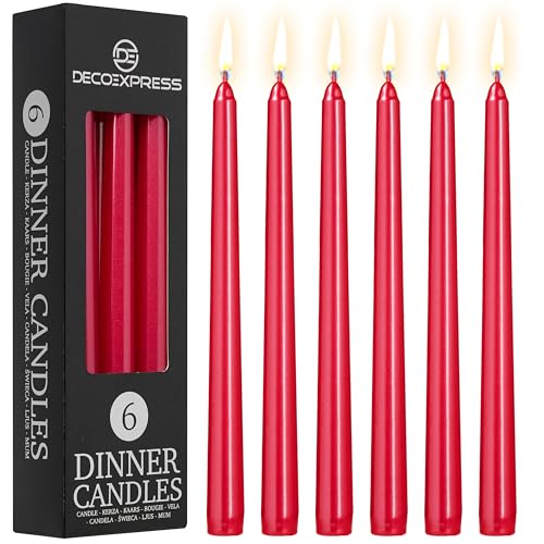DECO EXPRESS Stabkerzen Set 6er, 10, 15 oder 50er, Lange Brenndauer bis zu 8 Std, Geruchslos (Metallic Rot - 6er-Pack) von DECO EXPRESS