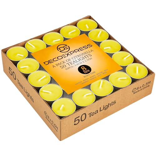 Deco Express Citronella Teelichter, 100er- oder 50er-Pack Duftkerzen Teelichter 4 oder 8 Stunden Brenndauer (Gelb 50/8 Stunden) von DECO EXPRESS