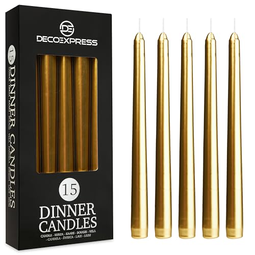 DECO EXPRESS Stabkerzen Set 6er, 10, 15 oder 50er, Lange Brenndauer bis zu 8 Std, Geruchslos(Gold, 15-er Set) von DECO EXPRESS