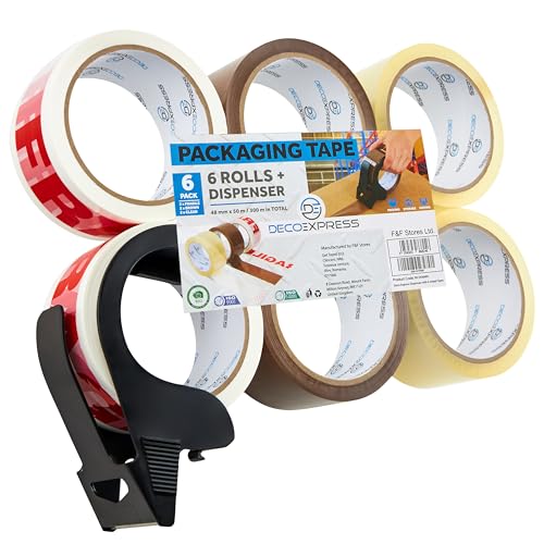 DECO EXPRESS Paketklebeband mit Abroller Set, Paketbandabroller und Rollen Paketklebeband zum Verpacken Extra Strong PVC-Klebebändern (Kleiner Spender Gemischt) von DECO EXPRESS