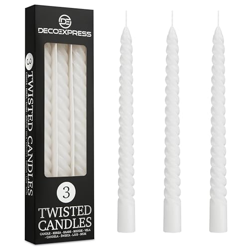 Spiralkerzen Set 3er oder 6er, Gedrehte Stabkerzen Bunte Kerzen 25 cm x 2.2 cm, Brenndauer 6 Stunden - Candles Aesthetic (Weiß, 3er-Pack) von DECO EXPRESS