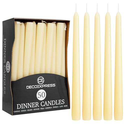 DECO EXPRESS Stabkerzen Weiß, Gold, Silber oder Bunt, 6er-, 10er-, 15er- oder 50er-Pack, Lange Brenndauer 8 Stunden, ohne Duft(Elfenbein, 50-er Set) von DECO EXPRESS