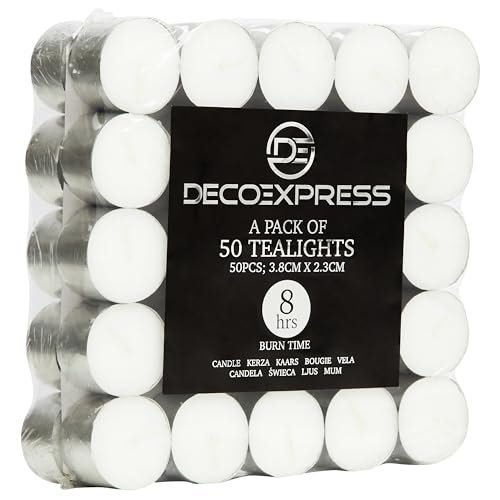 DECO EXPRESS Teelichter Großpackung, 24, 25, 50, 100 oder 200 Teelichter Lange Brenndauer 4, 8 oder 10 Stunden (Weiß, 50/4 Stunden) von DECO EXPRESS