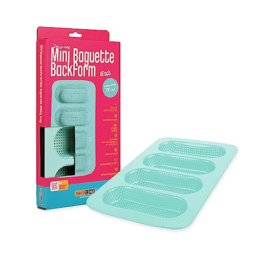 DECOCINO Mini Baguette Form 35 * 22cm - Mint Edition - hochwertige Backform mit Antihaftbeschichtung, zum Backen von 4 Mini Baguettes - spülmaschinengeeignet von DECOCINO
