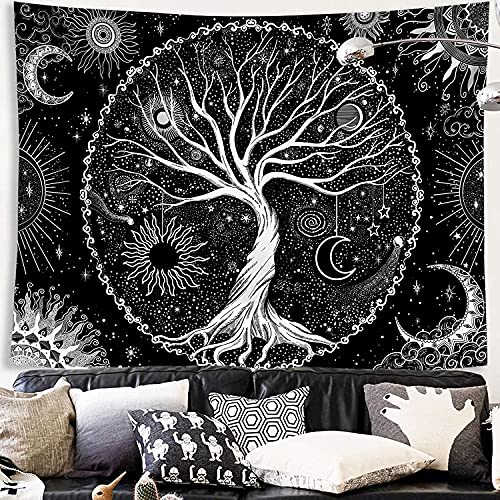 DÉCOCO Wandteppich mit Baum des Lebens, Schwarz und Weiß, Galaxie, Weltraum, Wandteppich, schwarz, ästhetisch, Wandbehang für Schlafzimmer (130 x 150 cm) von DÉCOCO