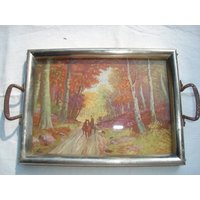 Kleines Tablett Aus Den 50Er Jahren, Verziert Mit Einem Waldweg von DECOETCOLLECTION