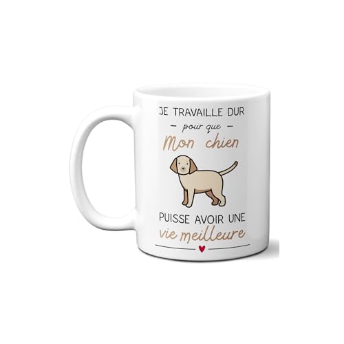 DECOHO - Tasse mit Aufschrift "Je travail pour mon Chien – Geschenk zum Geburtstag oder zu Weihnachten für Hundeliebhaber – bedruckt in Frankreich – Höhe: 8,5 cm von DECOHO