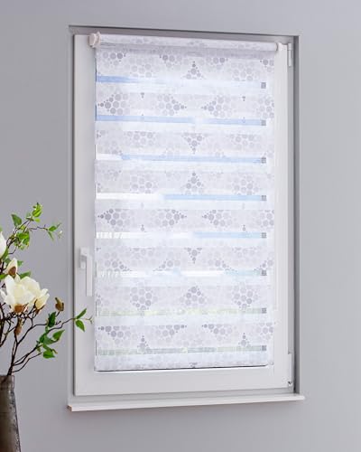 DECOLIA by Garesa Duo Rollo - Doppelrollo Klemmfix ohne Bohren 75 x 150 cm - Weißer Stoff mit grauen Kreisen, Fenster Sichtschutz und Lichtschutz, Mit Kettenzug von DECOLIA