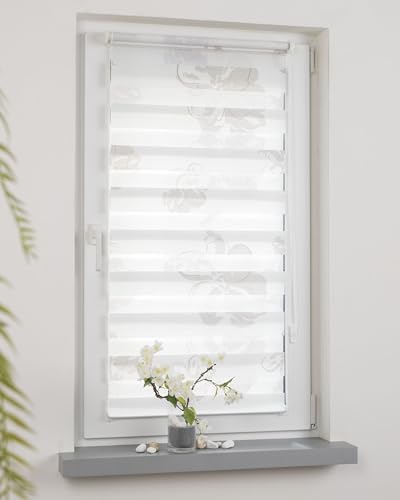DECOLIA by Garesa Duo Rollo - Doppelrollo Klemmfix ohne Bohren 80 x 150 cm, Weiß/Taupe mit Blumen - Fenster Sichtschutz und Lichtschutz, Mit Kettenzug von DECOLIA