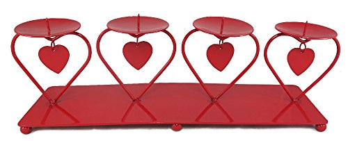 Decoline Metall Kerzenhalter mit Herz Anhängern 37x12cm für 4 große Kerzen - Kerzenleuchter - Kerzenständer (rot) von DECOLINE