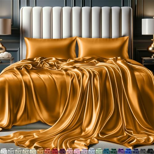 DECOLURE Satin-Bettlaken, Queen-Size-Set, 4-teilig, seidiges und luxuriös weiches Satin-Bettlaken mit 38,1 cm tiefer Tasche – Doppelnähte, knitterfrei (Gold) von DECOLURE