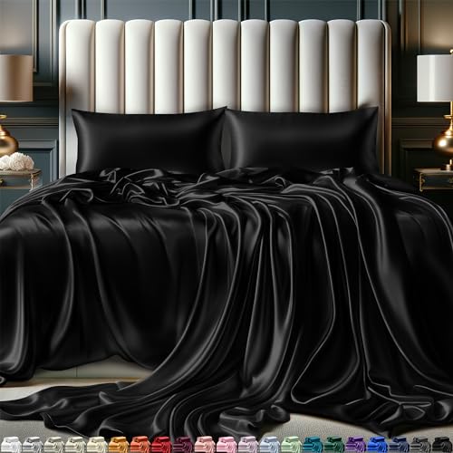 Satin-Bettlaken, Queen-Size-Größe (4 Stück, 5 Farben), seidiges Satin-Bettwäsche-Set mit 2 Kissenbezügen, Satin-Spannbettlaken, schwarze Queen-Set; von DECOLURE