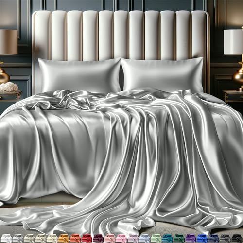 Satin-Bettwäsche-Set für Queen-Size-Betten (4 Stück, 8 Farben), Satin-Spannbettlaken – graue Satin-Bettwäsche-Set, Satin-Bettwäsche-Set für Queen-Size-Betten von DECOLURE