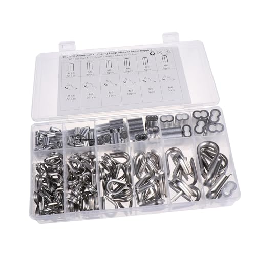 DECOMELODY 240 Stück Teiliges Set Edelstahl Kabelösen und Aluminium Quetschhülsen Sortiment Rostfrei Verschleißfest für Drahtseilbefestigung und Rigging anwendungen Vielseitig für Industrie von DECOMELODY