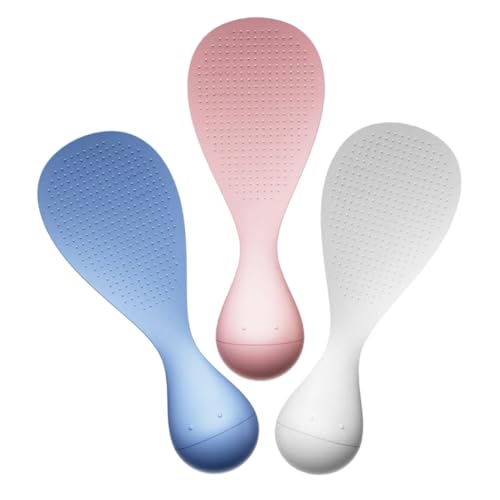 DECOMELODY 3 Stück Teiliges Stehender Reislöffel aus Hitzebeständigem Antihaftbeschichtetem Material Praktischer Reisspatel für Küche und Reiskocher Farbiges Küchenutensil in Weiß Blau und von DECOMELODY
