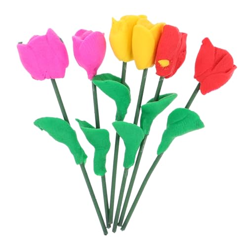 DECOMELODY 6 Stück Teiliges Miniatur Puppenhaus Blumen Deko Realistische Tulpen Gelb und Rot DIY Künstliche Blumenarrangements für Detaillierte Garten und Landschaftsmodelle von DECOMELODY