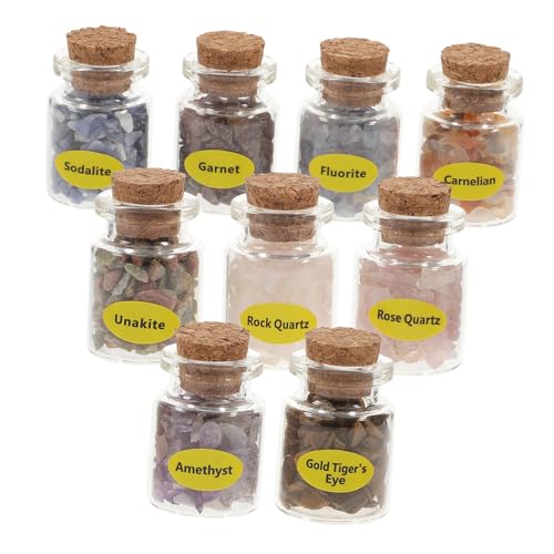 DECOMELODY 9 Stück Teiliges Set Mini Kristallflaschen mit Natürlichen Edelsteinen Bunte Heilsteine in Gläsern für Meditation Dekoration und Geschenke Geeignet für Wohnzimmer Büro und von DECOMELODY