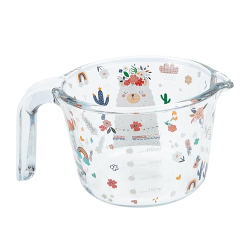 DECOMELODY Cartoon Glas Messbecher mit Messmarkierung Hitzebeständig Kleiner Becher mit Komfortgriff für Haushalt Milch Backen Kaffee und Küchenmessungen Niedliches Design für Mädchen von DECOMELODY