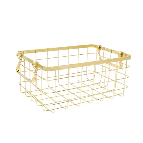 DECOMELODY Draht Aufbewahrungskorb Goldfarbener Tragbarer Obst und Snackkorb mit Henkel Niedrige Kompakte Vielseitiger Desktop Organizer für Küche und Büro von DECOMELODY