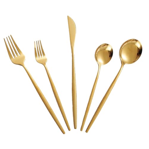 DECOMELODY Edelstahl Besteck Teilig Steakbesteck Gabel Löffel Dessertbesteck Goldfarben Wiederverwendbar Ergonomisch Ausgewogen Für Restaurant Party Bbq Küche von DECOMELODY