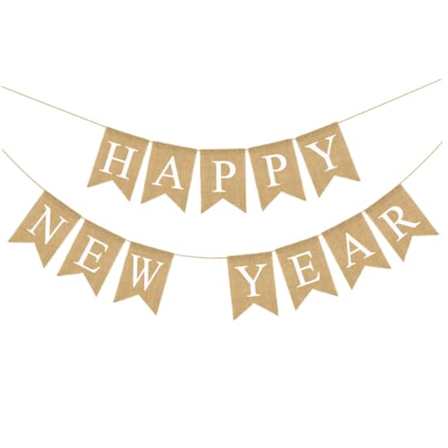 DECOMELODY Hängende Neujahrsfahne aus Leinen Teilig Einfache Partygirlande Happy Year Robuste Wiederverwendbare Silvester Deko für Wand und Decke Festliche Neujahrsdekoration von DECOMELODY