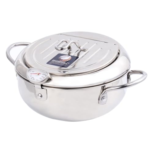 DECOMELODY Haushalts Frittierpfanne aus Langlebigem Edelstahl mit Öl Siebeinsatz und Thermometer Kompatibel für Induktionsherd und Gasherd Gleichmäßige Hitzeverteilung Mini Frittiertopf mit von DECOMELODY