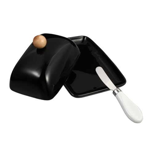 DECOMELODY Keramik Butterdose mit Deckel und Cutter Lebensmittelechter Butterbehälter für Frische Butter Vielseitiger Keramik Lebensmittelcontainer für Butter Käse Snacks Schwarz von DECOMELODY