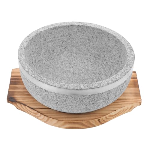 DECOMELODY Koreanische Bibimbap Steinschüssel ohne Beschichtung mit Holzunterlage Hitzebeständig Nahtlos Geformt zum Kochen und Servieren Traditioneller Gerichte von DECOMELODY