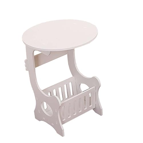 DECOMELODY Moderner Mini Beistelltisch Weiß mit Rundem Design und Magazinhalter Kleiner Sofatisch mit Stauraum für Wohnzimmer Schlafzimmer Balkon Stabiler Eleganter Couchtisch mit Ablagekorb von DECOMELODY