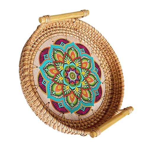 DECOMELODY Rattan Serviertablett mit Griff Handgefertigt Geflochtenes Frühstückstablett Bunt Bedruckt Vielseitiges Aufbewahrungs und Dekotablett für Brot Obst Snacks DECOMELODY Rattan Serviertablett mit Griff Handgefertigt Geflochtenes Frühstückstablett Bunt Bedruckt Vielseitiges Aufbewahrungs und Dekotablett für Brot Obst Snacks von DECOMELODY