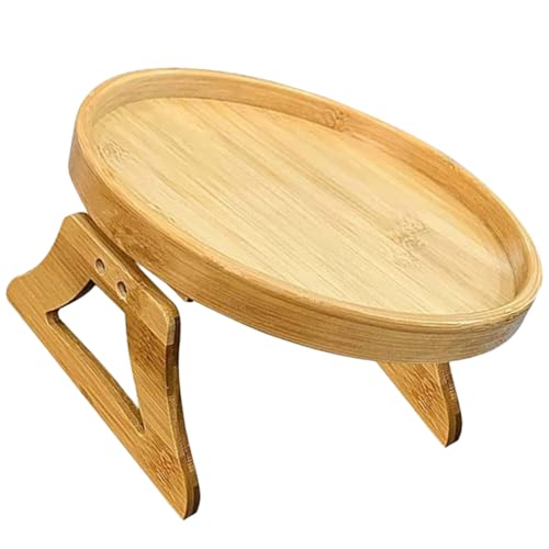 DECOMELODY Rundes Holz Sofa Armlehnen Tablett Faltbar rutschfeste Ablage mit Erhöhtem Rand Multifunktional als Snack Getränke Beistelltisch für Wohnzimmer und Bett Einfach zu Reinigen von DECOMELODY