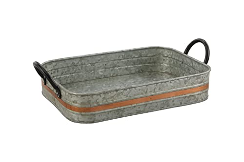 Deconoor Verzinktes Metall-Serviertablett mit Holzgriffen, Bauernhaus-Tablett mit Kupferstreifen, rustikales Allzweck-Tablett für alle Zwecke, rechteckiges Tablett von DECONOOR
