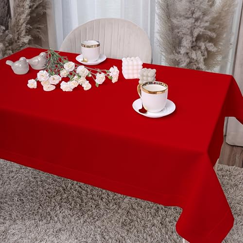 DECOOR Tischdecke abwaschbar 240x140 cm eckige Tischwäsche aus Stoff in Leinenoptik schmutzabweisende Tafeldecke wasserabweisend Matte 220 g/m² Tischtuch mit dekorativer 5 cm Bordüre Rot von DECOOR