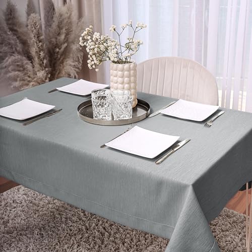 DECOOR Glatte, Matte, schmutzabweisende Tischdecke, 300 x 140 cm, Asche, veredelt mit Einer dekorativen 5 cm Breiten Lamelle, aus dickem Gewebe 220 g/m², 100% Polyester, hergestellt in EU von DECOOR