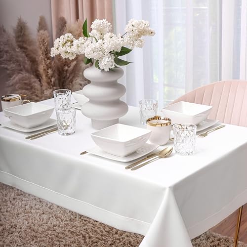 DECOOR Tischdecke abwaschbar 180x140 cm eckige Tischwäsche aus Stoff in Leinenoptik schmutzabweisende Tafeldecke wasserabweisend Matte 220 g/m² Tischtuch mit dekorativer 5 cm Bordüre Weiß von DECOOR