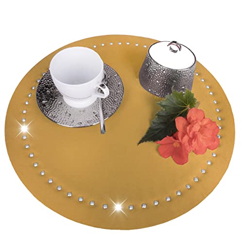 DECOOR- Platzset aus Polyester Ø 39cm, 6er Set, Gold, Tischset Abwischbar, verziert mit Kristallen, Waschbare, Platzdeckchen, schmutzabweisender, hergestellt in der EU von DECOOR