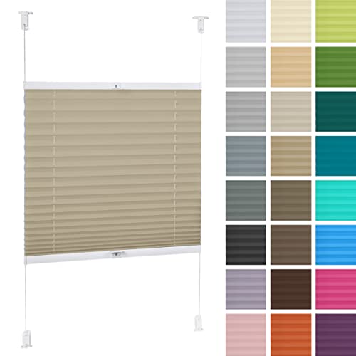 DECOOR Plissee ohne Bohren 115cm x 120cm Faltrollo Rollo für Fenster und Tür Nicht-invasive Fensterjalousien guter Sichtschutz und Sonnenschutz Breite der Überlappung 2 cm Beige von DECOOR