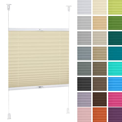 DECOOR Plissee ohne Bohren 135cm x 120cm Faltrollo Rollo für Fenster und Tür Nicht-invasive Fensterjalousien guter Sichtschutz und Sonnenschutz Breite der Überlappung 2 cm Écru von DECOOR