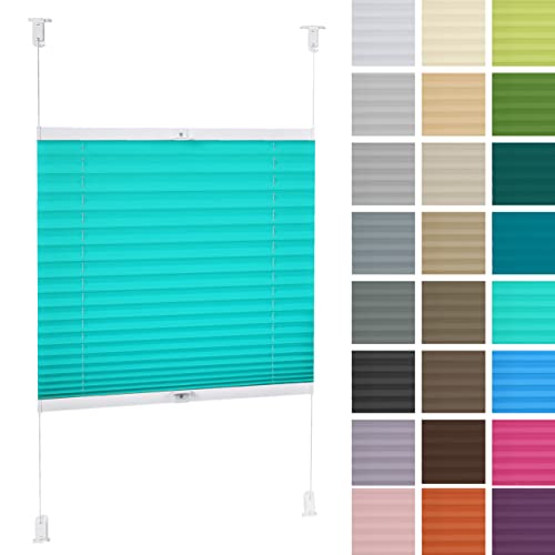 DECOOR Plissee ohne Bohren 155cm x 120cm Faltrollo Rollo für Fenster und Tür Nicht-invasive Fensterjalousien guter Sichtschutz und Sonnenschutz Breite der Überlappung 2 cm Azurblau von DECOOR