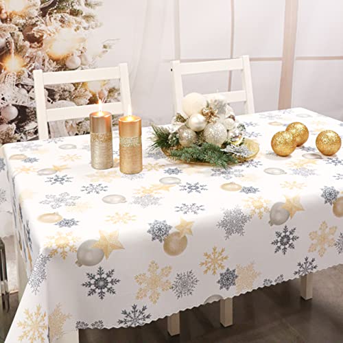 DECOOR Tischdecke für Weihnachten - schmutzabweisendes Tischtuch, 350 x 140 cm, Weihnachtsmotive wie Kugeln, Sterne, aus dickem Gewebe 170 g/m², 100% Polyester, hergestellt in EU von DECOOR