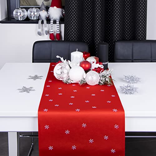 DECOOR Tischläufer für Weihnachten - schmutzabweisendes Tischband, 40 x 120 cm, Rot, Weinachtstischläufer aus 200 g/m² Stoff, Kristallen in Form von Schneeflocken, hergestellt in der EU von DECOOR