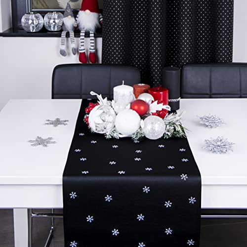 DECOOR Tischläufer für Weihnachten - schmutzabweisendes Tischband, 40 x 120 cm, Schwarz, Weinachtstischläufer aus 200 g/m² Stoff, Kristallen in Form von Schneeflocken, hergestellt in der EU von DECOOR