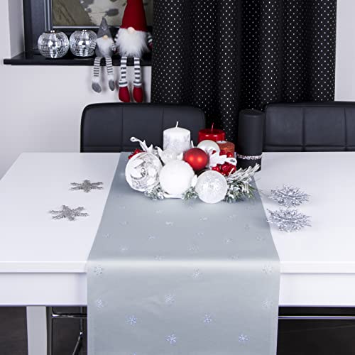 DECOOR Tischläufer für Weihnachten - schmutzabweisendes Tischband, 40 x 140 cm, Grau, Weinachtstischläufer aus 200 g/m² Stoff, Kristallen in Form von Schneeflocken, hergestellt in der EU von DECOOR