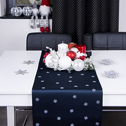 DECOOR Tischläufer für Weihnachten - schmutzabweisendes Tischband, 40 x 140 cm, Navyblau, Weinachtstischläufer aus 200 g/m² Stoff, Kristallen in Form von Schneeflocken, hergestellt in der EU von DECOOR