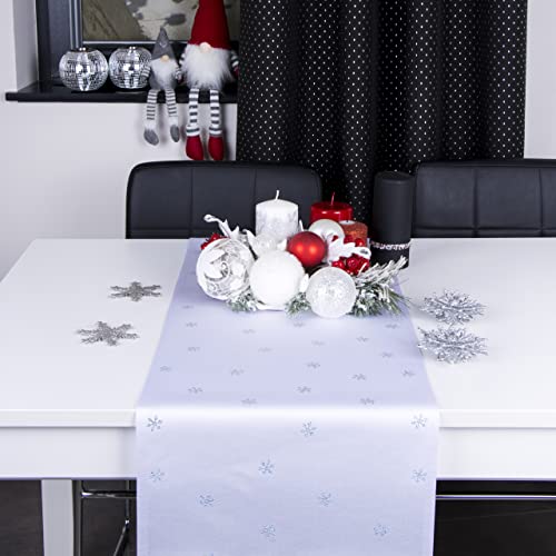 DECOOR Tischläufer für Weihnachten - schmutzabweisendes Tischband, 40 x 140 cm, Weiß, Weinachtstischläufer aus 200 g/m² Stoff, Kristallen in Form von Schneeflocken, hergestellt in der EU von DECOOR