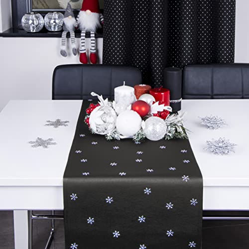 DECOOR Tischläufer für Weihnachten - schmutzabweisendes Tischband, 40 x 160 cm, Grafit, Weinachtstischläufer aus 200 g/m² Stoff, Kristallen in Form von Schneeflocken, hergestellt in der EU von DECOOR