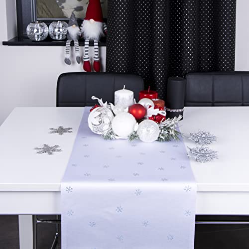DECOOR Tischläufer für Weihnachten - schmutzabweisendes Tischband, 40 x 160 cm, Weiß, Weinachtstischläufer aus 200 g/m² Stoff, Kristallen in Form von Schneeflocken, hergestellt in der EU von DECOOR