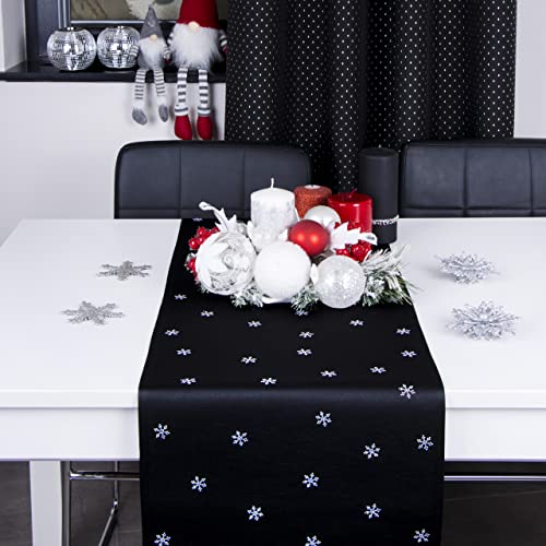 DECOOR Tischläufer für Weihnachten - schmutzabweisendes Tischband, 40 x 180 cm, Schwarz, Weinachtstischläufer aus 200 g/m² Stoff, Kristallen in Form von Schneeflocken, hergestellt in der EU von DECOOR